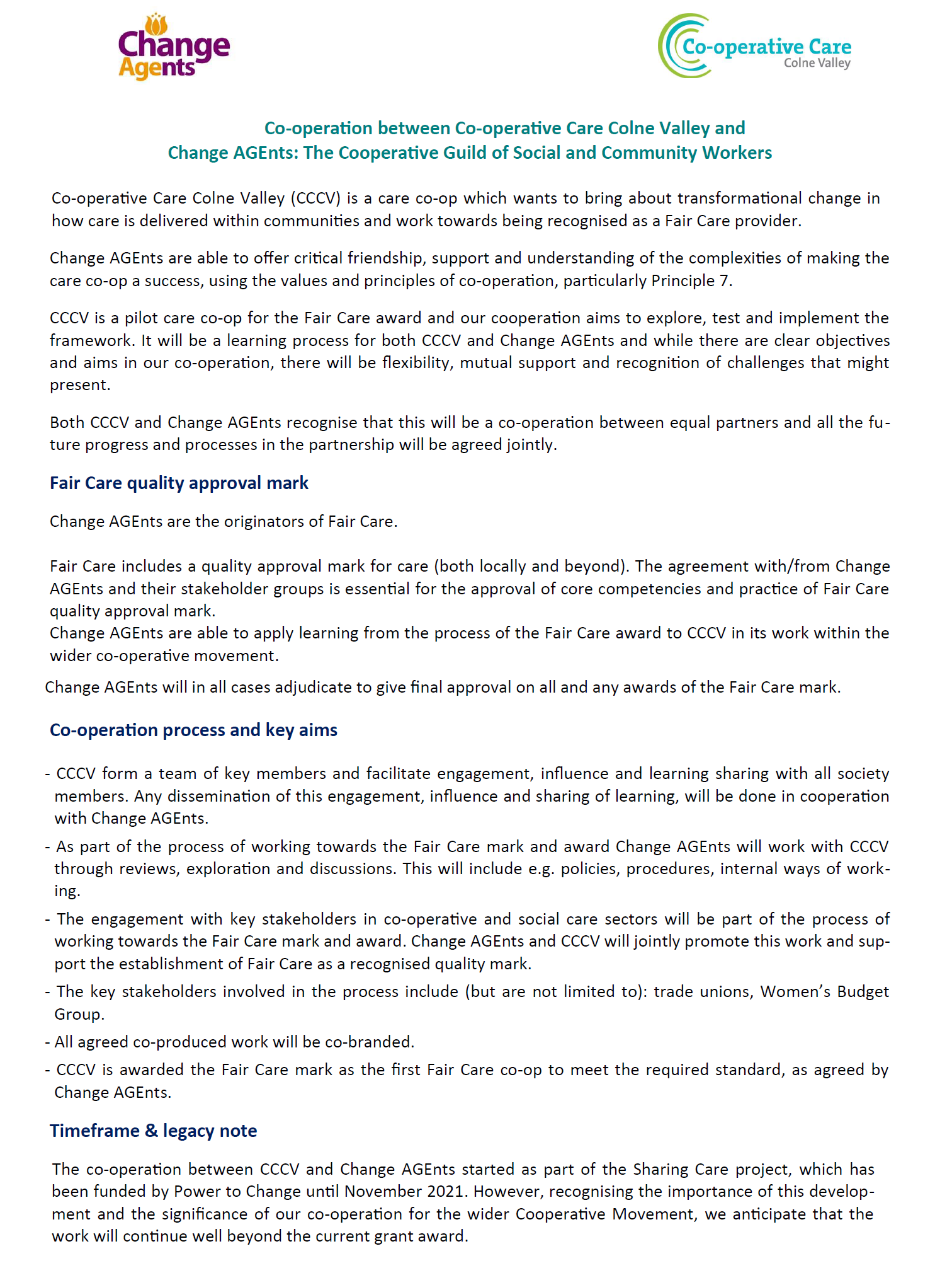 memorandum of undertanding CCCV & Change Agents